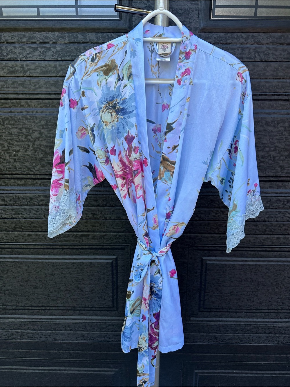 Light Blue Floral Satin Robe with Lace Trim